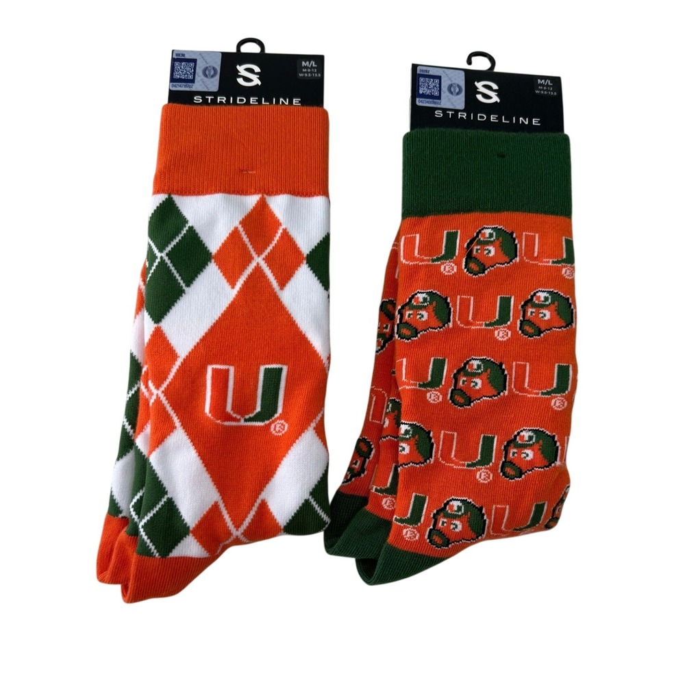 Strideline Miami Hurricanes Business Casual Socks 2 Pairs Sebastian M/L NEW
